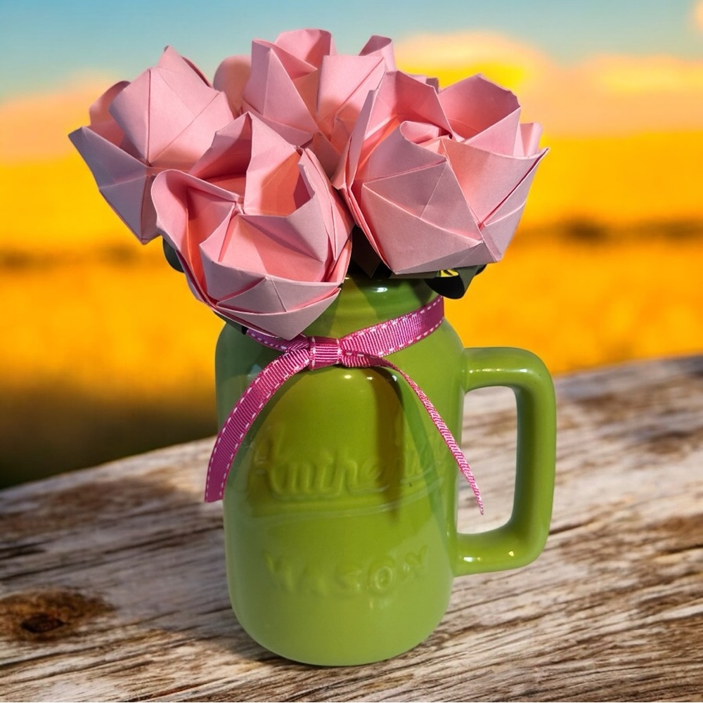 Shabby Chic Mason Jar Vase w/ Forever Handmade Paper Roses